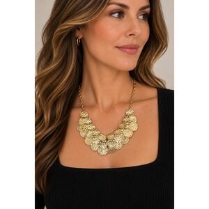 Cara NY Gold Textured Disc Bib Necklace Layered Boho Modern Statement 19-21.5"